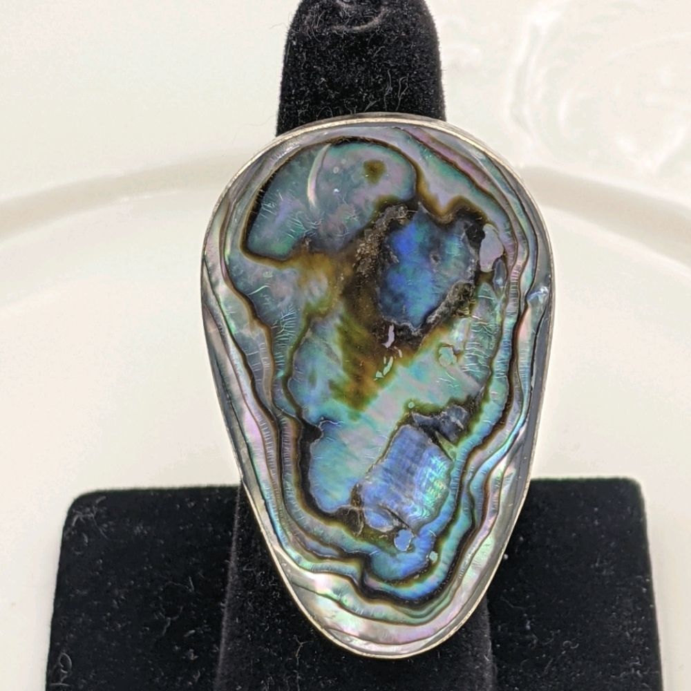 Sterling Silver Abalone Shield Ring Mexico Adj.